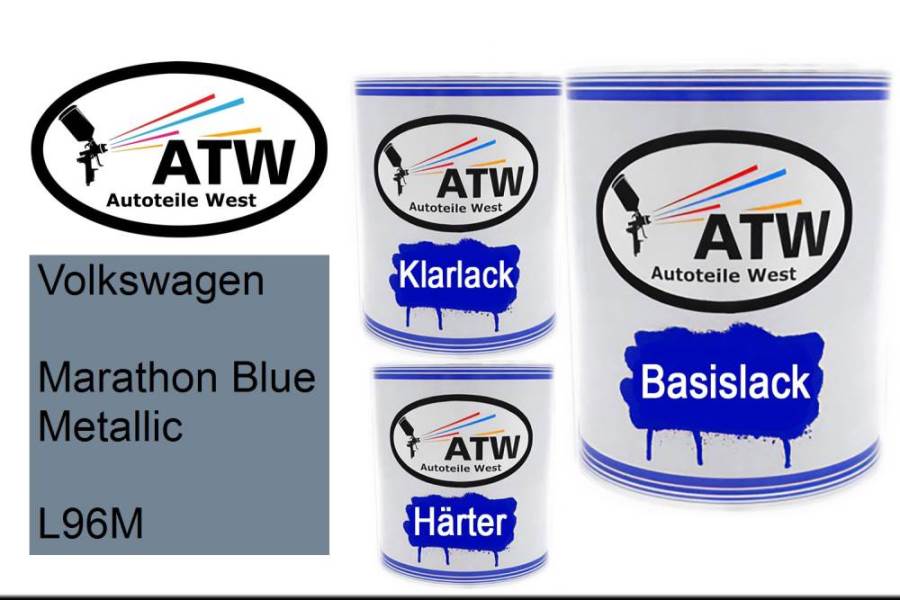 Volkswagen, Marathon Blue Metallic, L96M: 1L Lackdose + 1L Klarlack + 500ml Härter - Set, von ATW Autoteile West.